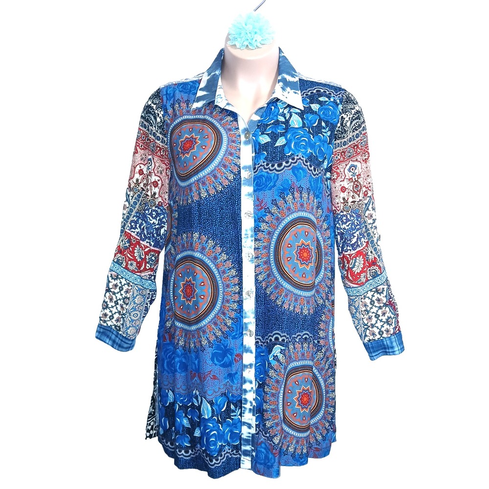 John Mark Women Button Up Tunic Top L Blue Mixed Print Embroidered Longline Art